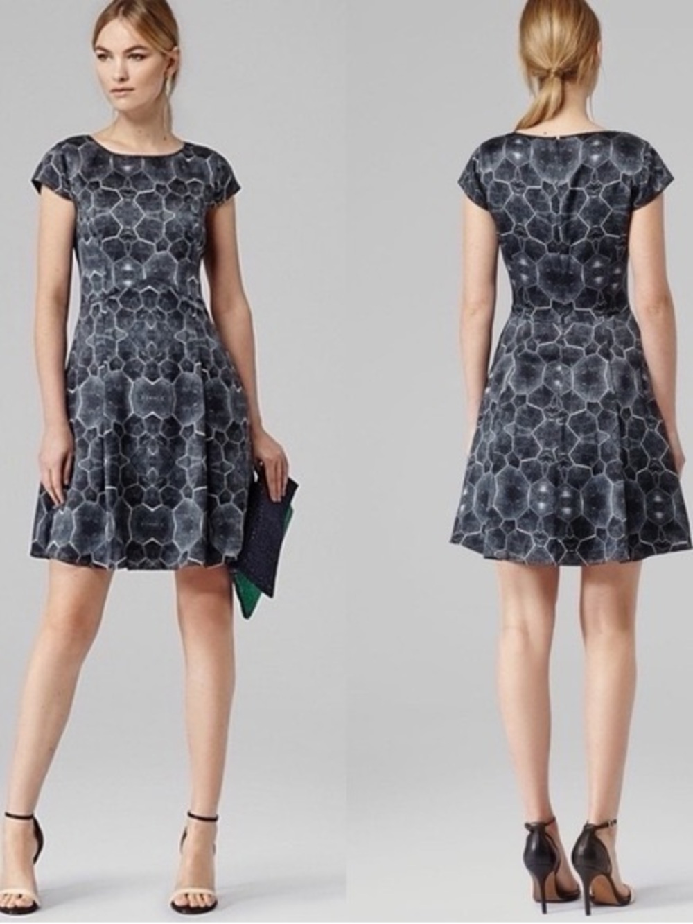 Reiss Grey Hex-Print Baker silk dress